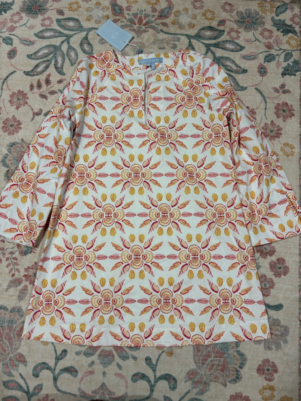Hill House White Long Sleeve Shell-Patterned Dress with Pink and Yellow Motifs